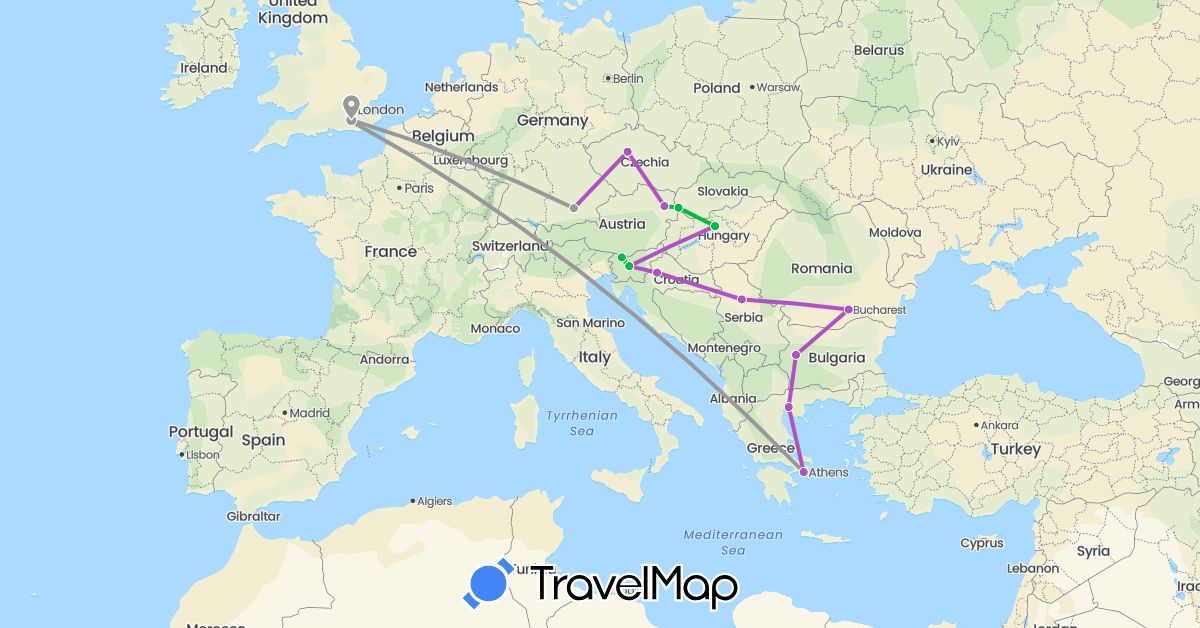 TravelMap itinerary: driving, bus, plane, train in Austria, Bulgaria, Czech Republic, Germany, United Kingdom, Greece, Croatia, Hungary, Romania, Serbia, Slovenia, Slovakia (Europe)
